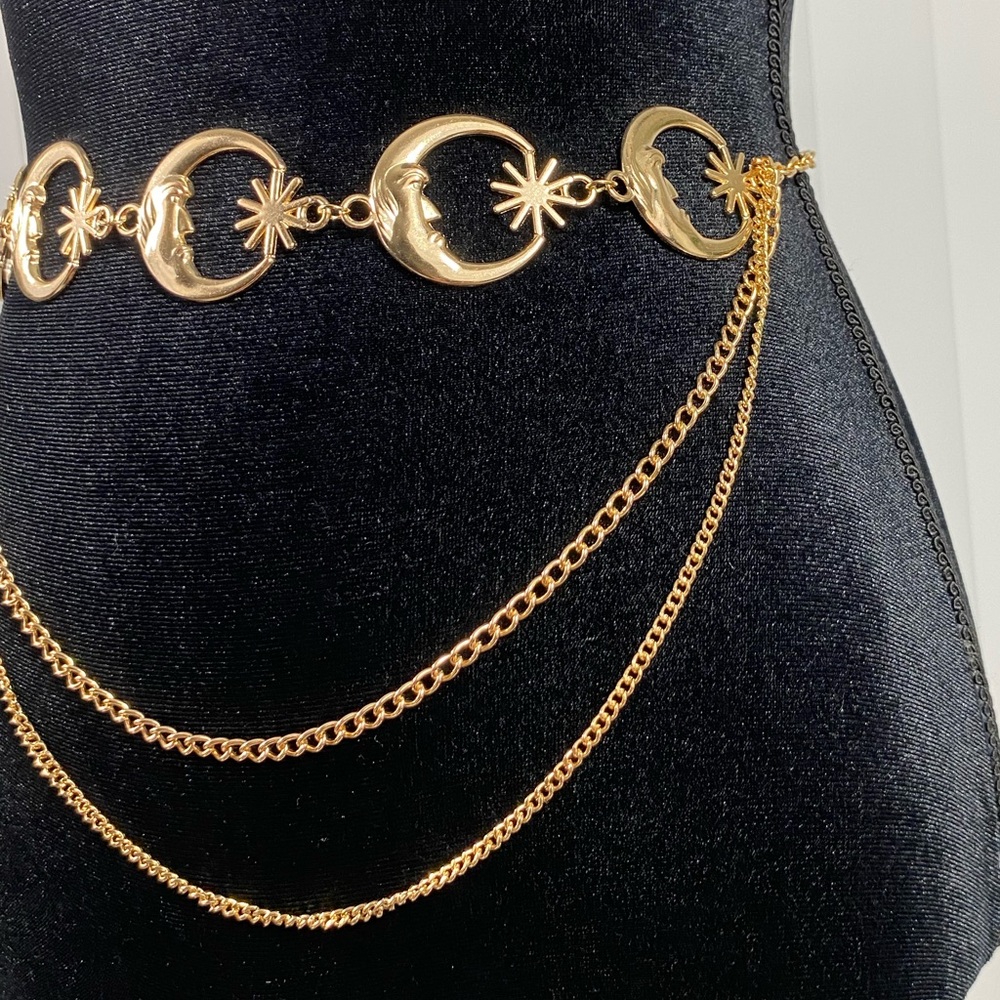 Celestial Crescent Moon Multi Layer Chain Statement Belt Metal Waist Belt Gold - Picture 2 of 11